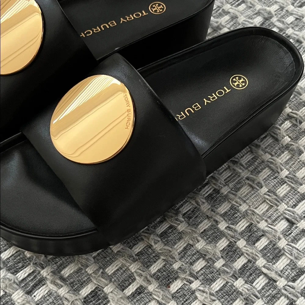 Tory Burch Black Slide Sandals with Gold Medallion Accent